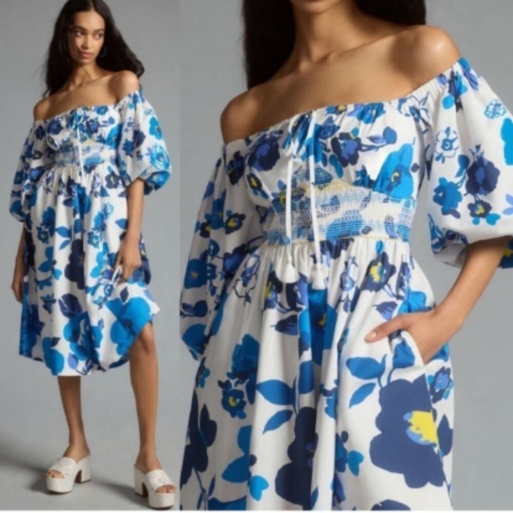 Brand New Plenty by Tracy Reese Off-The-Shoulder Puff-Sleeve Smocked Dress